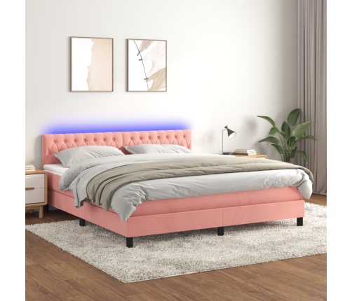 Cama box spring colchón y LED terciopelo rosa 160x200 cm