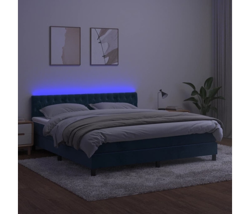 Cama box spring colchón y LED terciopelo azul oscuro 180x200 cm