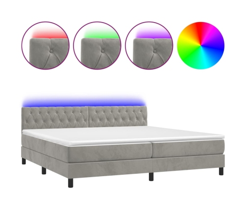 Cama box spring colchón y LED terciopelo gris claro 200x200 cm