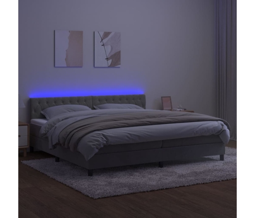 Cama box spring colchón y LED terciopelo gris claro 200x200 cm