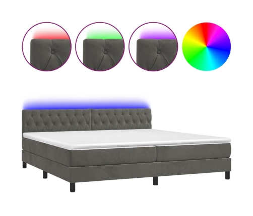 Cama box spring colchón y LED terciopelo gris oscuro 200x200 cm