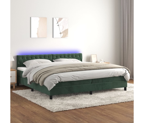 Cama box spring colchón y LED terciopelo verde oscuro 200x200cm