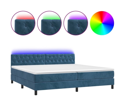 Cama box spring colchón y LED terciopelo azul oscuro 200x200 cm