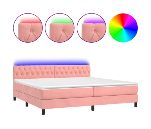 Cama box spring colchón y LED terciopelo rosa 200x200 cm