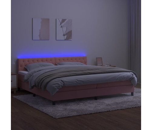 Cama box spring colchón y LED terciopelo rosa 200x200 cm