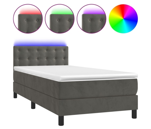 Cama box spring colchón y LED terciopelo gris oscuro 90x190 cm