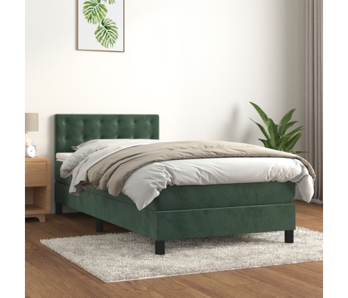 Cama box spring colchón y LED terciopelo verde oscuro 90x190 cm