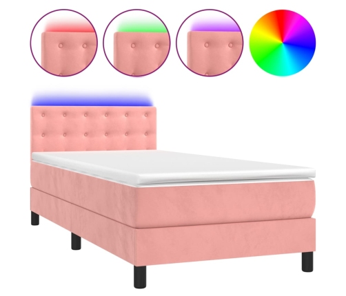 Cama box spring colchón y LED terciopelo rosa 90x190 cm