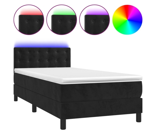 Cama box spring colchón y LED terciopelo negro 100x200 cm