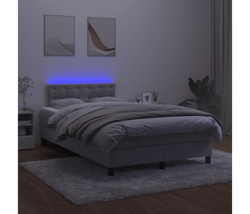 Cama box spring colchón y LED terciopelo gris claro 120x200 cm