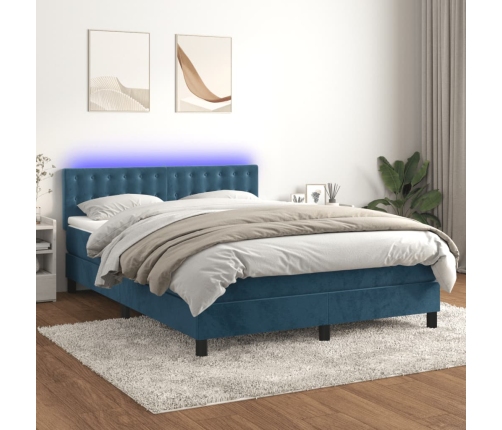 Cama box spring colchón y LED terciopelo azul oscuro 140x200 cm