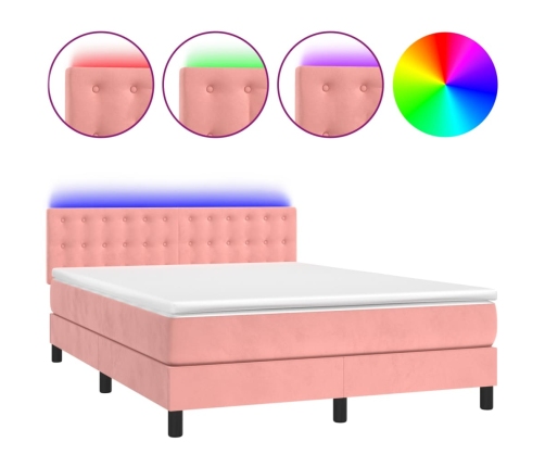 Cama box spring colchón y LED terciopelo rosa 140x200 cm