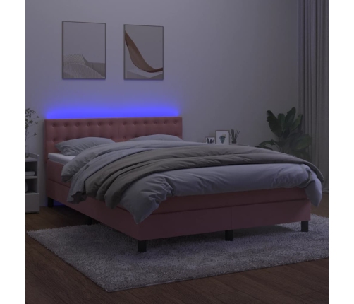 Cama box spring colchón y LED terciopelo rosa 140x200 cm