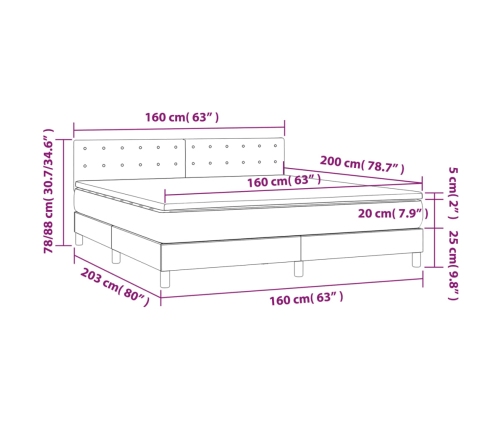 Cama box spring colchón y LED terciopelo gris claro 160x200 cm