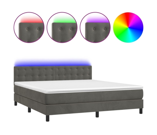 Cama box spring colchón y LED terciopelo gris oscuro 160x200 cm