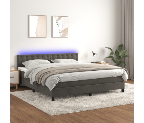 Cama box spring colchón y LED terciopelo gris oscuro 160x200 cm