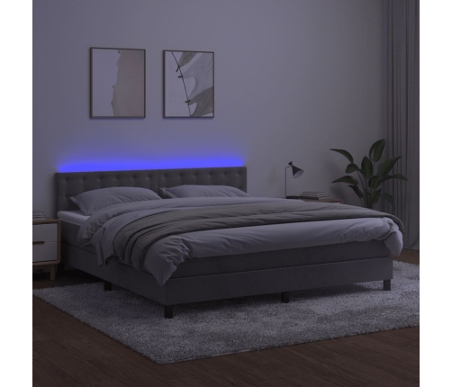 Cama box spring colchón y LED terciopelo gris claro 180x200 cm