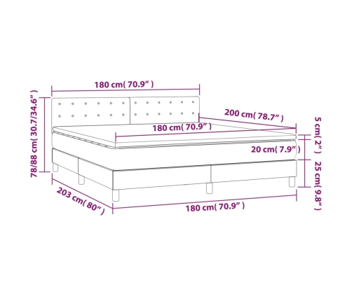 Cama box spring colchón y LED terciopelo gris claro 180x200 cm