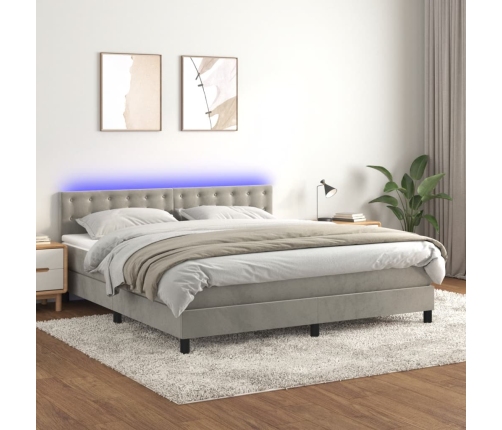 Cama box spring colchón y LED terciopelo gris claro 180x200 cm