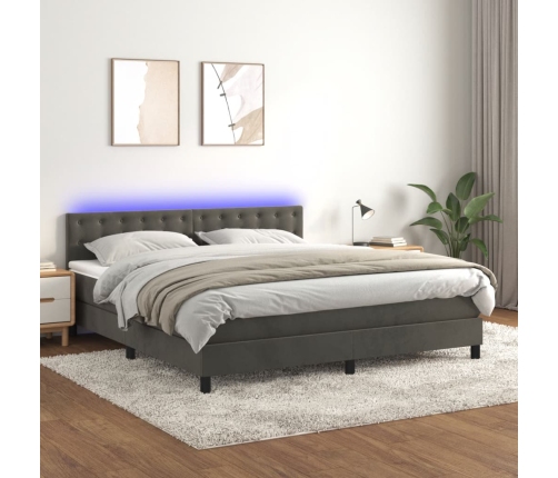 Cama box spring colchón y LED terciopelo gris oscuro 180x200 cm