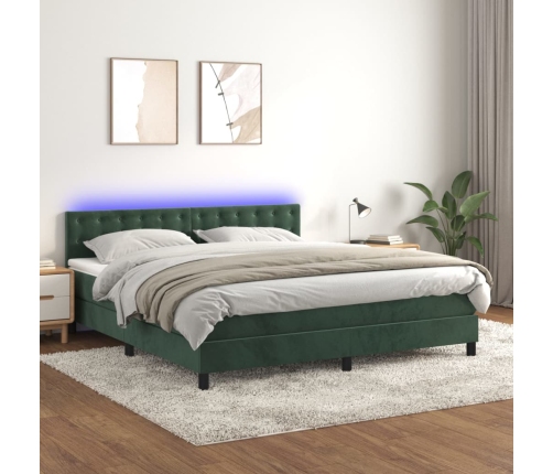 Cama box spring colchón y LED terciopelo verde oscuro 180x200cm