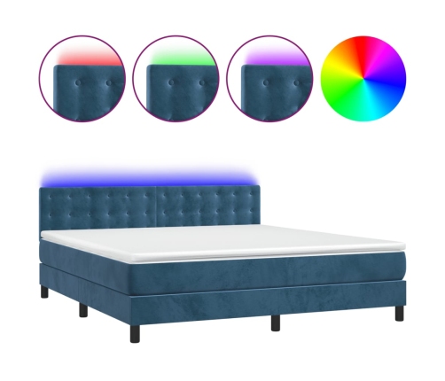 Cama box spring colchón y LED terciopelo azul oscuro 180x200 cm