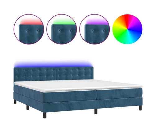 Cama box spring colchón y LED terciopelo azul oscuro 200x200 cm