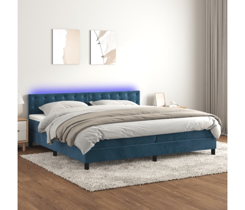 Cama box spring colchón y LED terciopelo azul oscuro 200x200 cm