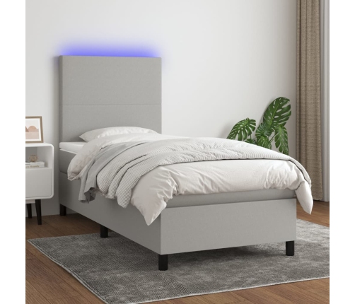 Cama box spring colchón y luces LED tela gris claro 80x200 cm