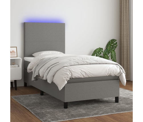 Cama box spring colchón y luces LED tela gris oscuro 80x200 cm