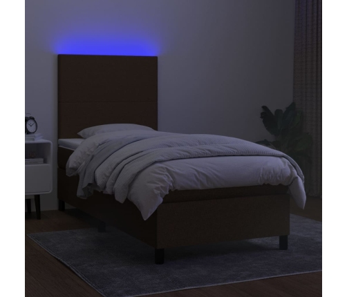 Cama box spring colchón y luces LED tela marrón oscuro 80x200cm