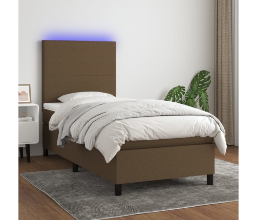 Cama box spring colchón y luces LED tela marrón oscuro 80x200cm