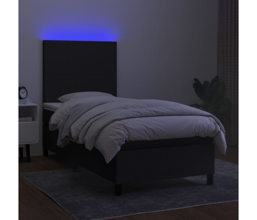 Cama box spring colchón y luces LED tela negro 90x190 cm