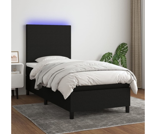 Cama box spring colchón y luces LED tela negro 90x190 cm