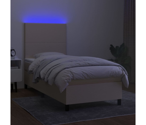 Cama box spring colchón y luces LED tela color crema 90x190 cm