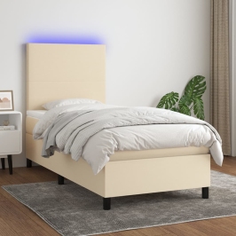 Cama box spring colchón y luces LED tela color crema 90x190 cm