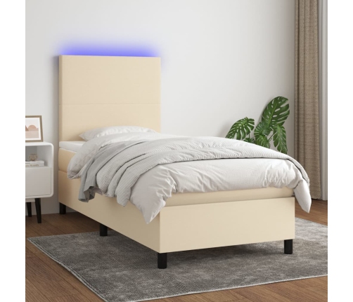 Cama box spring colchón y luces LED tela color crema 90x190 cm