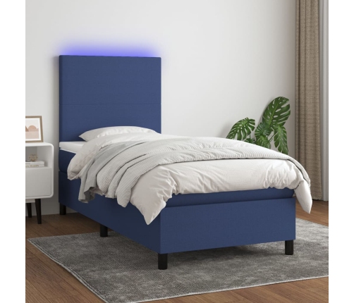 Cama box spring colchón y luces LED tela azul 90x190 cm