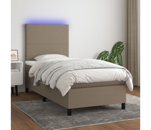 Cama box spring colchón y luces LED tela gris taupe 90x200 cm