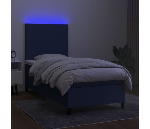 Cama box spring colchón y luces LED tela azul 100x200 cm