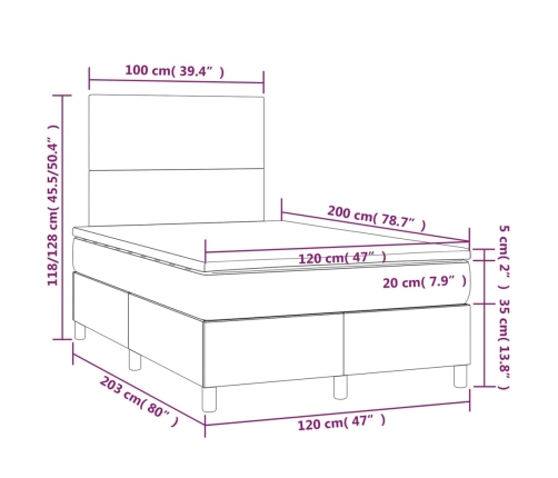 Cama box spring con colchón tela y LED gris claro 120x200 cm