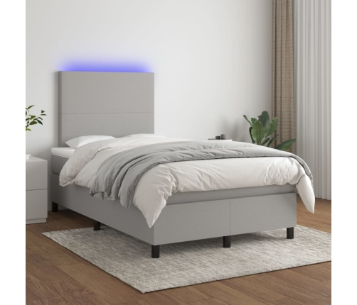 Cama box spring con colchón tela y LED gris claro 120x200 cm