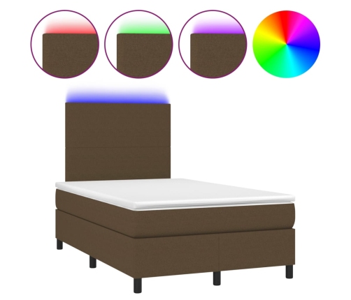 Cama box spring con colchón y LED tela marrón oscuro 120x200 cm