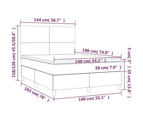 Cama box spring colchón y luces LED tela negro 140x190 cm