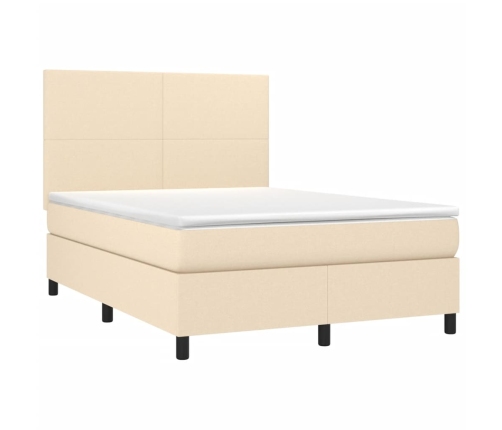 Cama box spring colchón y luces LED tela crema 140x190 cm