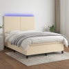 Cama box spring colchón y luces LED tela crema 140x200 cm