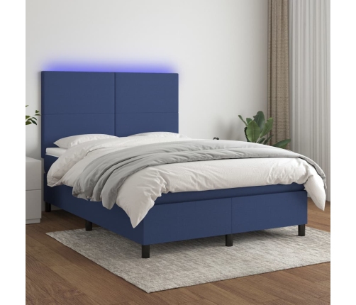 Cama box spring colchón y luces LED tela azul 140x200 cm