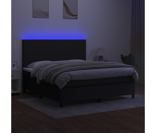 Cama box spring colchón y luces LED tela negro 160x200 cm