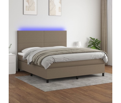 Cama box spring colchón y luces LED tela gris taupe 160x200 cm