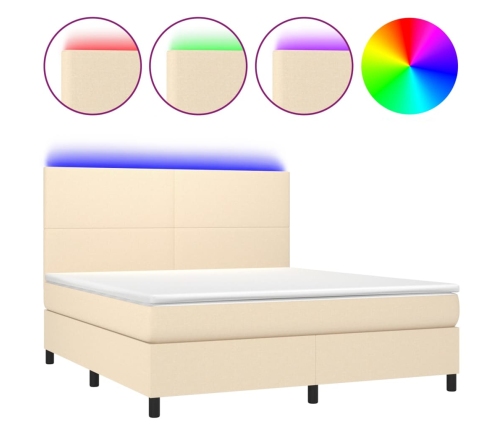 Cama box spring colchón y luces LED tela crema 160x200 cm